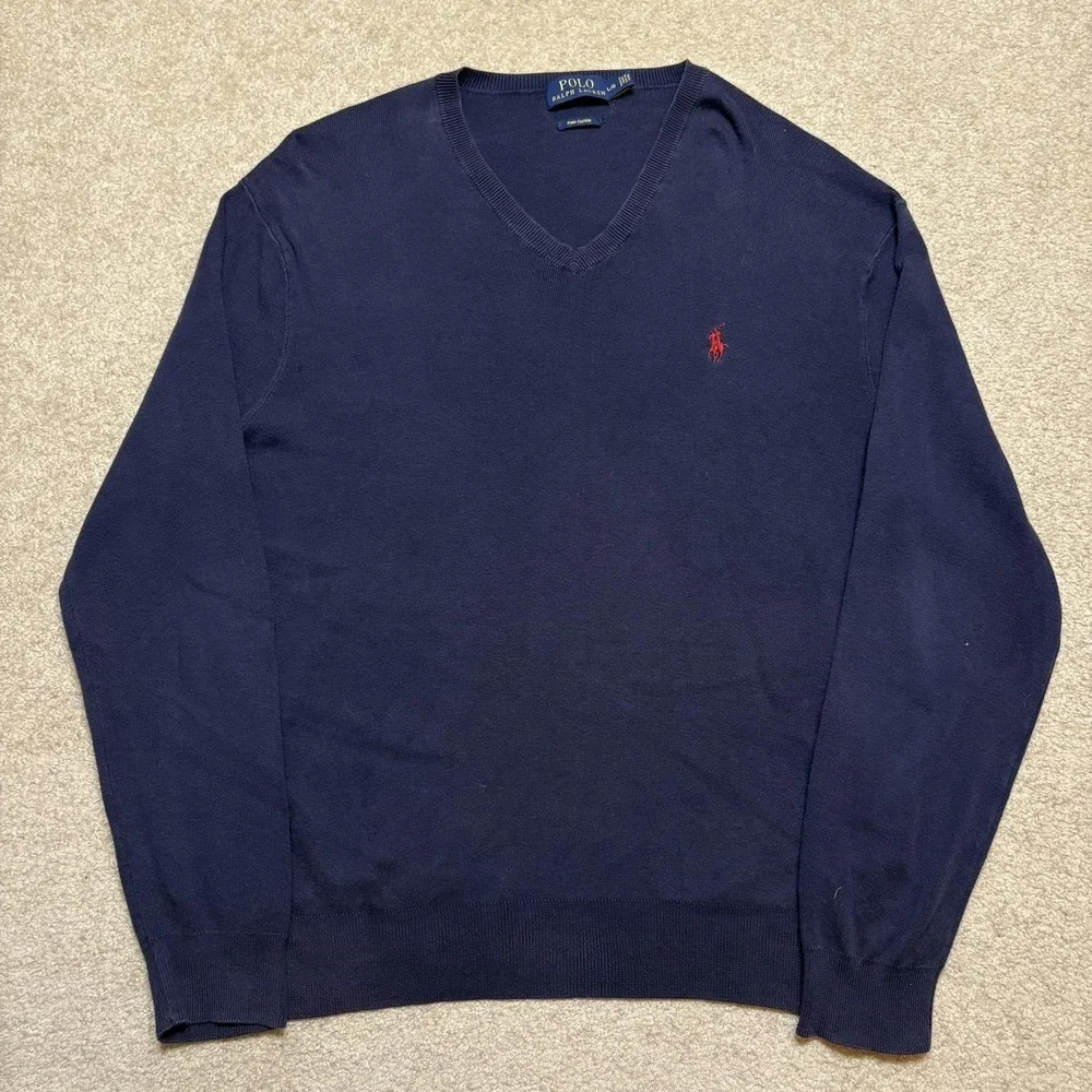 Polo Ralph Lauren Sweater Mens Large Navy Blue Pima Cotton V Neck Pony Logo